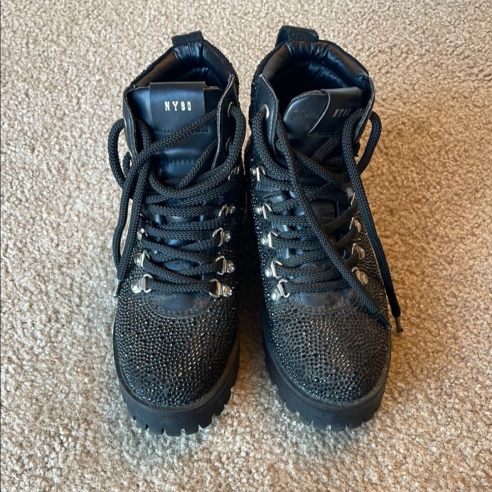 Steve Madden Black High-Top combat boot sneaker with black rhinestones